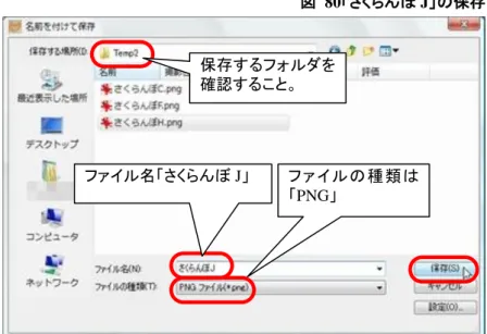 図  79 の状態を、名前を付けて保存する。  名前を「さくらんぼ J」とする。（図  80）  保存するフォルダは「さくらんぼ C，F，H」と同じ 場所とする。  4  さくらんぼの実とへたを結合する  4.1  「さくらんぼ H」を縮小して「さくらんぼ K」で保存する  「上巻」の最後で保存した「さくらんぼ H」のウィンドウで引 き続き操作。  または、図  76 のウィンドウで「さくらんぼ H」を開く。  200x189px にリサイズする。（図  81～図  82）  リサイズできた画像を名前を付け