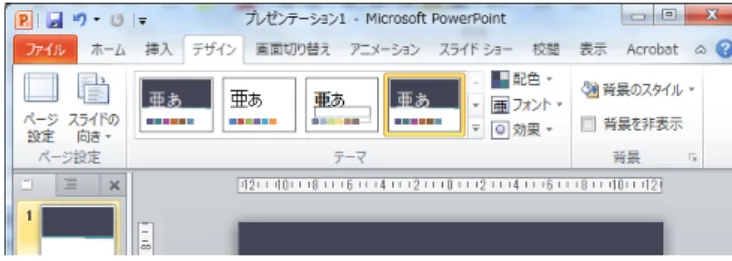 図 5-3  テンプレートを選択 5.2  タイトル用・説明用スライドの作成1．テンプレートを利用する (1)[デザイン]タブをクリックします。 (2)[テーマ]グループ(図 5-3)から好みのテンプレートを選択します。 (3)テンプレートが適用されます。 2