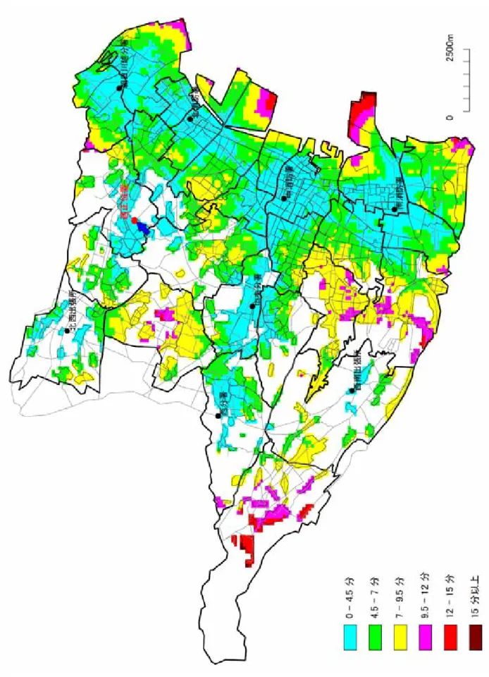 図 4.3  北部地域へ署所を新設した場合の消防署所からの走行時間 