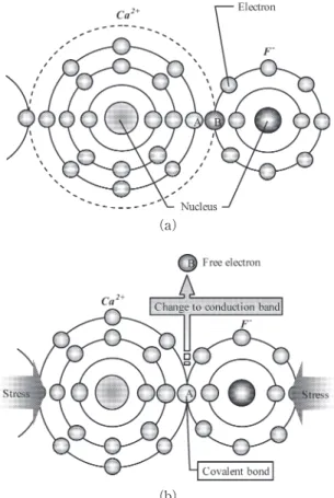 Fig. 6 （a）に，筆者らが現在提案している CaF の単結 晶の分子モデルを示す．2個の電子が不足している Ca と，1個の電子が多い F とのイオン結合で常に安定状態 を保っている．このように，一般的に CaF の単結晶は自 由電子をもたないとされてきた．しかしながら，圧縮応力 が加わっている CaF に対しては，その安定状態が崩れる と考えた．Fig