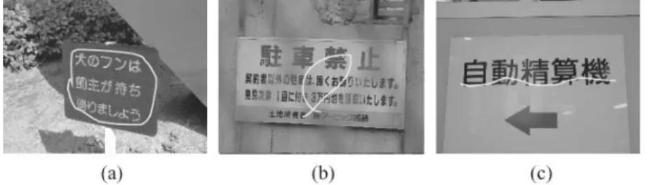 図 6 ユーザによる領域の指定法．(a) 全体を丁寧に囲む指定，(b) 看板の一部を囲む指定，(c) 線による指定 Fig. 6 Region speciﬁcation by user’s marking