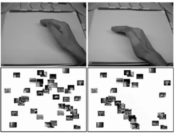 図 10 手の縁をセンサ面にあてながら動かすと（上図），画面上の アイコンが片側に寄せ集められる（下図）．