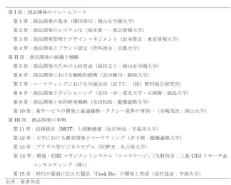 Table 7: 商品開発・管理学会による出版実績． (a) 商品開発・管理学会編（2007） 『商品開発・管理入門』中 央経済社， 257 頁． ➨ I 㒊㸸ၟရ㛤Ⓨࡢࣇ࣮࣒࣮ࣞ࣡ࢡ  ➨ 1❶㸸ၟရ㛤Ⓨࡢᇶᮏ㸦ᶓ⏣⃈ྖ㸸᳥ᒣዪᏛᅬ኱Ꮫ㸧   ➨ 2❶㸸ၟရ㛤Ⓨࡢࢩࢫࢸ࣒໬㸦ᒸᮏ┾୍㸸ᮾி᝟ሗ኱Ꮫ㸧   ➨ 3❶㸸ၟရ㛤Ⓨ⟶⌮࡜ࢹࢨ࢖࣐ࣥࢿࢪ࣓ࣥࢺ㸦ᒾᮏಇᙪ㸸ᮾி᝟ሗ኱Ꮫ㸧   ➨ 4❶㸸ၟရ㛤Ⓨ࡜ࣈࣛࣥࢻタᐃ㸦ⱝᯘ㟹Ọ㸸ி㒔኱Ꮫ㸧  ➨ II㒊㸸ၟရ㛤Ⓨࡢ⤌⧊࡜ᡓ␎   ➨ 5❶㸸ၟရ㛤Ⓨࡢࡓࡵࡢேᮦ⫱