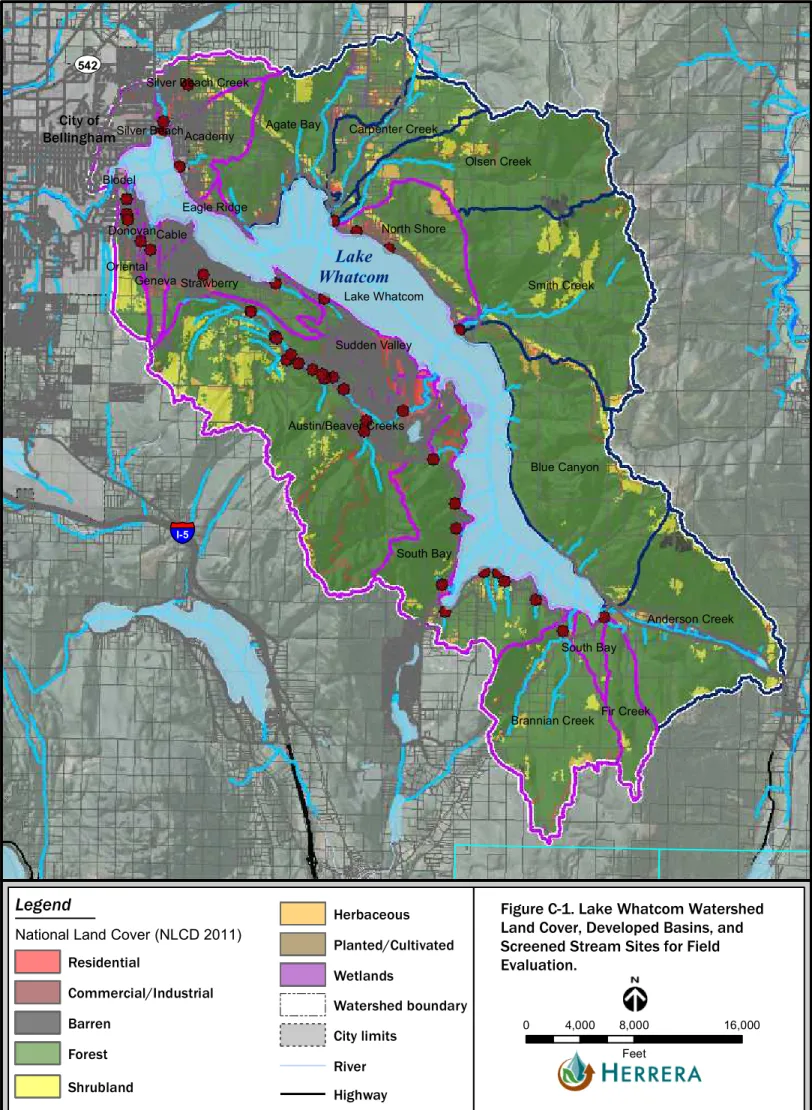 Figure C-1. Lake Whatcom Watershed  Land Cover , Developed Basins, and  Screened Stream Sites  for Field  Evaluation