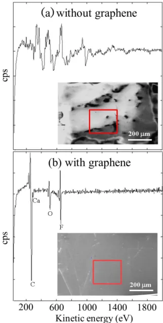 Figure 3. AES spectra of CaF 2  substrate (a) without and (b)  with graphene, respectively