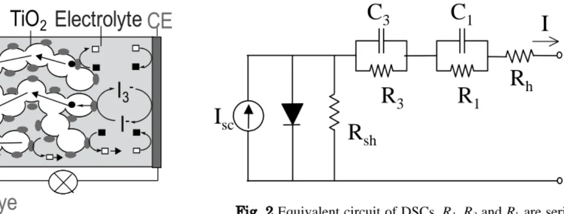 Fig. 2 Equivalent circuit of DSCs. R 1 , R 3  and R h  are series  resistance  elements,  R sh   is  shunt  resistance,  C 1   and  C 3  are capacitance element.