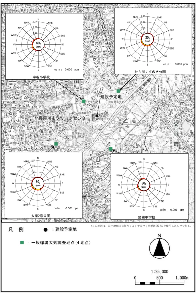 図 4-1-27  風向別平均濃度（二酸化硫黄： SO 2 ）■ ■■ ■ ■：一般環境大気調査地点(4地点)    calm：0.000ppm宇谷小学校-0.010.000.010.020.03NNNENEENEEESESESSESSSWSWWSWWWNWNWNNWSO2(ppm) calm：   0.001 ppmたち川くすのき公園-0.010.000.010.020.03NNNENEENEEESESESSESSSWSWWSWWWNWNWNNWSO2(ppm)calm：0.001ppm第四中学校-0.0