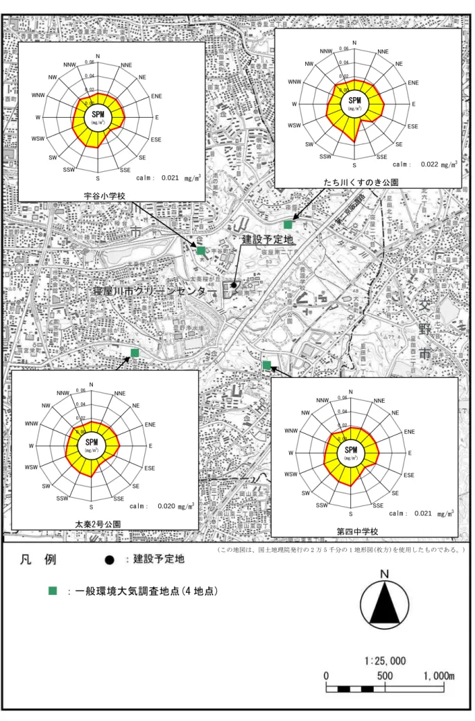 図 4-1-29  風向別平均濃度（浮遊粒子状物質： SPM ）■■ ■ ■■：一般環境大気調査地点(4地点)    calm：0.021mg/m3宇谷小学校-0.020.000.020.040.06NNNENEENEEESESESSESSSWSWWSWWWNWNWNNWSPM(mg/m3) calm：   0.022 mg/m 3たち川くすのき公園-0.020.000.020.040.06NNNENEENEEESESESSESSSWSWWSWWWNWNWNNWSPM(mg/m3)calm：0.021mg/