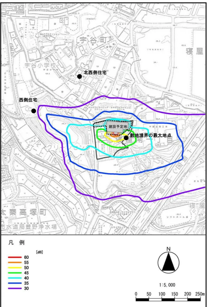 図 4-3-5  新焼却施設の稼働に伴う騒音の予測結果 ( 寄与騒音 )  敷地境界の最大地点 ● ● 西側住宅 ● 北西側住宅 建設予定地 