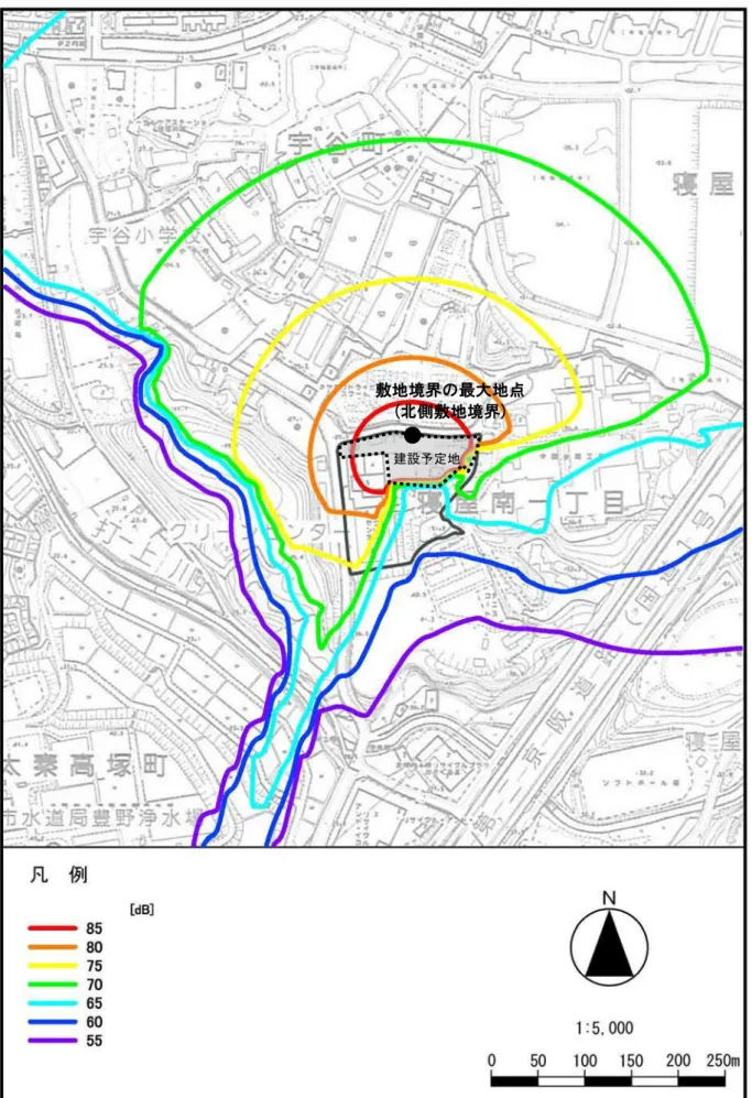 図 4-3-10  建設機械の稼働に伴う騒音予測結果 ( 寄与騒音 Ｌ A5 ：無対策）