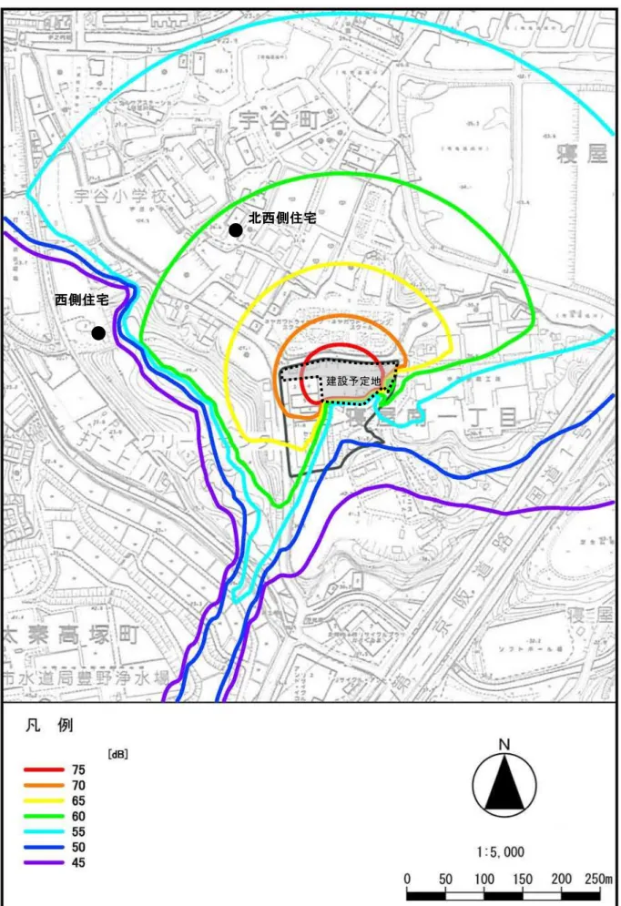図 4-3-11  建設機械の稼働に伴う騒音予測結果 ( 寄与騒音 Ｌ Aeq ：無対策）● 西側住宅 ● 北西側住宅 建設予定地 