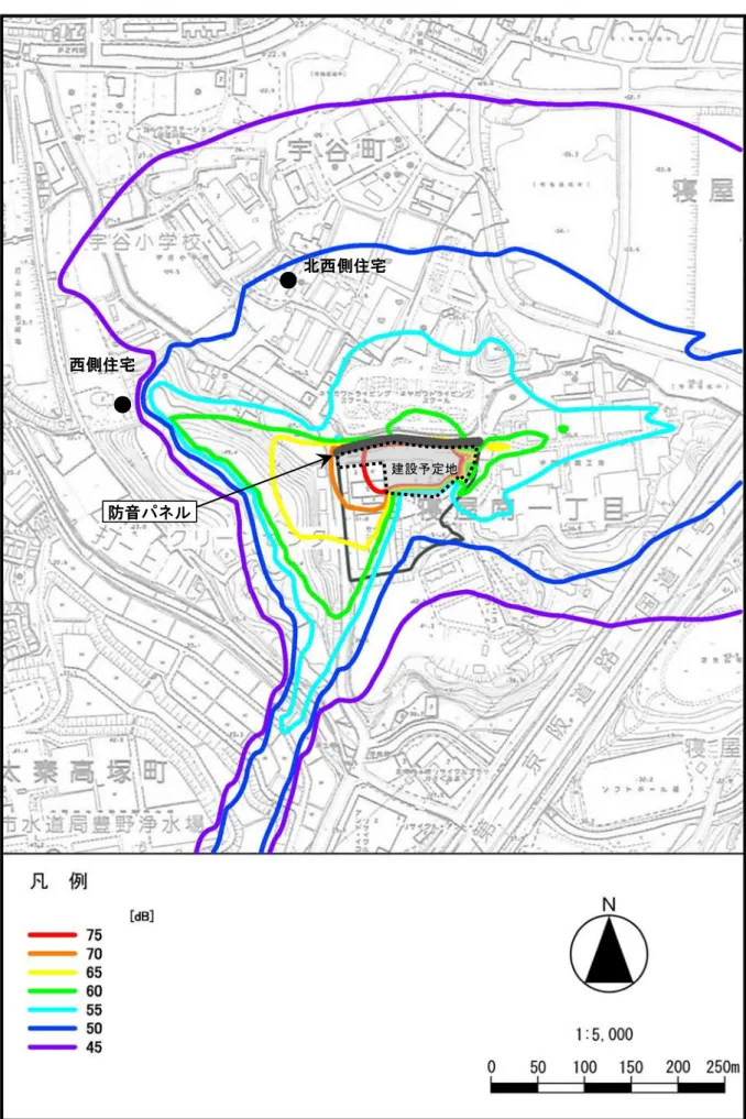 図 4-3-13  建設機械の稼働に伴う騒音予測結果 ( 寄与騒音 Ｌ Aeq ：防音パネル有）● 西側住宅 ● 北西側住宅 防音パネル 建設予定地 