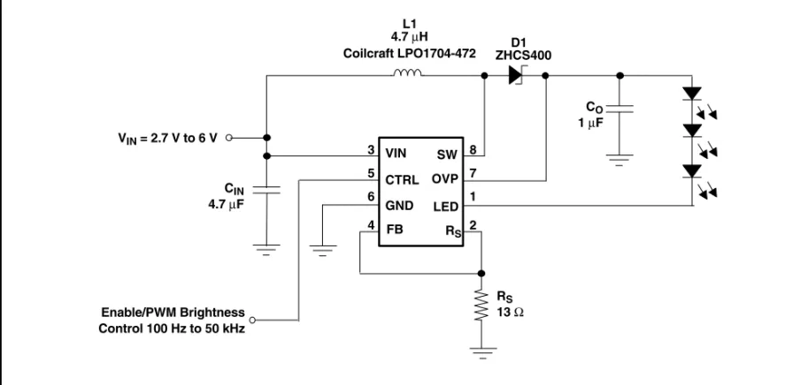 図 25. アナログ電圧によるアナログ調光制御回路 図 24. 3個のLEDを駆動するTPS61043 L14.7 µHCIN4.7µF C O1µFEnable/PWM BrightnessControl 100 Hz to 50 kHzVINCTRLSWOVPLEDD1ZHCS400FBGNDVIN = 2.7 V to 6 VRS13ΩRS35648712Coilcraft LPO1704-472L14.7µHVIN = 3.0 V to 6.0 VC(IN)4.7µFCO100 nF