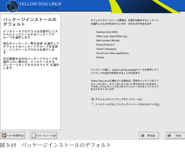 図 3-15  パッケージインストールのデフォルト 3.12  パッケージグループの選択  この画面（図 3-16 ）ではインストールするソフトウェアパッケージを機能ご とに分類されたパッケージグループとして選択することができます。インスト ールしたいパッケージグループの横のチェックボックスにマークを入れてくだ さい。画面下には現在選択されているソフトウェアパッケージをインストール した場合に消費されるディスクの合計容量が表示されています。 また、各パッケージグループには基本とオプションの 2 種類のソフト