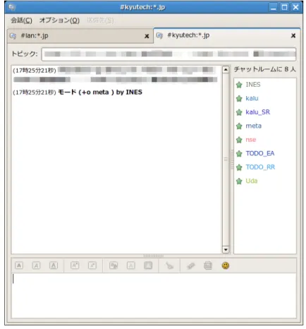 図 10: サークル棟 IRC サーバを用いたチャット 2. 共用計算機 WWW 利用規約 (WWW サーバの利用に関する規約) 3. 共用計算機メーリングリスト（ML）利用規約 (メーリングリストの利用に関する規約) 4