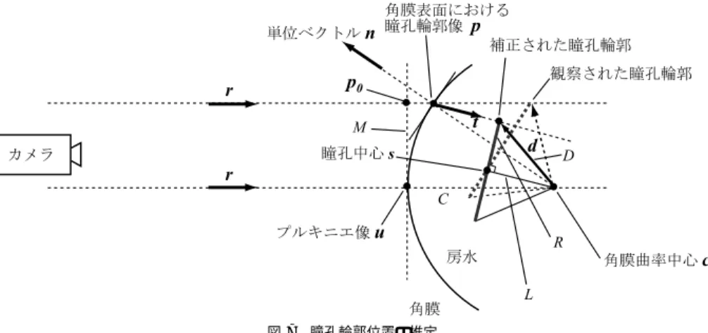 図 7 瞳孔輪郭位置の推定 Fig. 7 Estimation of pupil edge position.