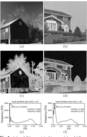 Fig. 5 (a) and (b) are original images, (c) and (d) are the LFD maps of (a) and (b), respectively, (e) and (f) are the frequency distributions of (c) and (d), respectively.