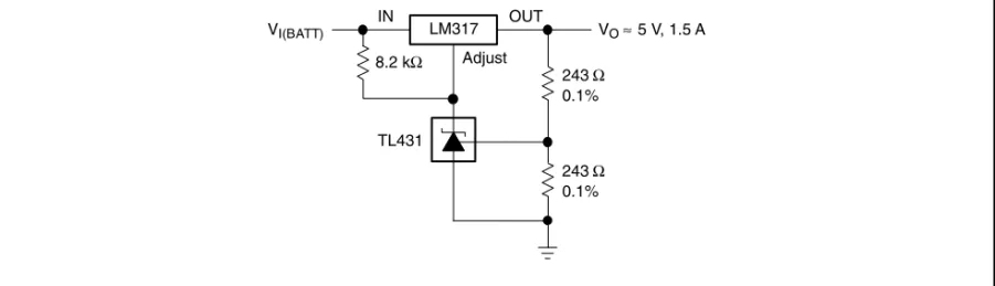 図 23. Precision 5-V, 1.5-A Regulator V O ≈ 5 V, 1.5 ATL431VI(BATT)INLM317OUTAdjust243Ω0.1%243Ω0.1%8.2 kΩ 図 24