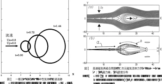 Fig. 4 The 2D Magnethydrodynamic simulation for fast magnetic reconnection; (a) Magnetic field and (b) plasma density.