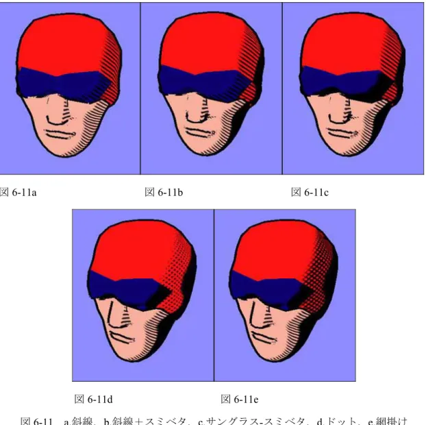 図 6-11a                    図 6-11b                    図 6-11c  図 6-11d                    図 6-11e  図 6-11  a.斜線、b.斜線＋スミベタ、c.サングラス-スミベタ、d.ドット、e.網掛け  図 6-11 はそれぞれ  図 6-11a：斜線のみで陰を表示した物  図 6-11b：斜線とスミベタを用いて陰を表示した物  図 6-11c：顔とマスクは斜線とスミベタを用いて陰を表示して、  サングラスの部分はス