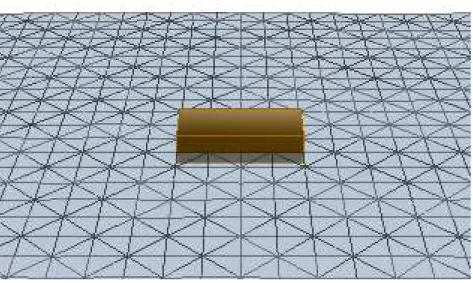 図 5.1: 浮遊す る 物体を 表す 直方体モ デル   図 5.1 の 直方体の 大き さ は 、 直方体の ロ ー カル 座標 (0,0,0) を 中心と し、 x 方向に 2 と -2 、 y 方向に 1 と -1 、 z 方向に 0.5 と -0.5 と す る 。 直方体モ デル の 重心は 直方体 モ デル の ロ ー カル 座標値 (0,0,0) と す る 。 次に 、 こ の 直方体モ デル を 水面上に 配置 す る 為 に 、 浮力の 計算を 行う 。 浮力は 水に 沈ん で い る