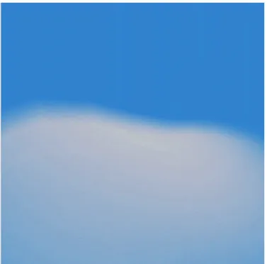 図 2.7は重ねる曲面の数を 15 に設定して生成した雲の画像で、図 2.7は重ねる曲面 の数を 30 に設定して生成した雲の画像である。図 2.7と図 2.8を見比べてみるとボ リューム感の違いが見て取れる。図 2.7では、重ねる曲面の数が少ないことで若干 境界面の不明瞭さが粗い。図 2.8では、重ねる曲面の数が多いことで境界面の不明 瞭さがきめ細かくなっている。図 2.7より、重ねる曲面の数が 15 もあれば十分境 界面の不明瞭さを見て取れる。 図 2.7: 重ねる曲面の数を 15 に設定した雲