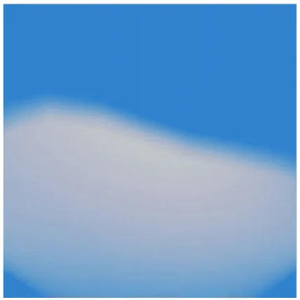 図 3.2: 10×10 の曲面数 20 の霧雲 3.1.2 問題点  今回生成した雲では、視点をある程度近くに移動した際にも階層が顕著に表れ ることがないようになった。しかし、視点と曲面との距離が著しく近かったり、接 触している時には階層が顕著に表れてしまう。また、一番下の曲面の下、つまり 雲の中に視点が入ると空洞に見えてしまう。  図 3.3は、視点が曲面と著しく近い画像であり、図 3.4は視点が雲の中に入って しまった画像である。