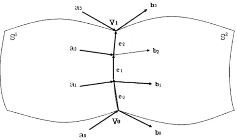 図 3.10: Gregory パッチの接続  ここで，制御点間ベクトル a i , b i , c i を用いて式 (3.16) を表すと次のようになる． X3 i=0 B 3i (v)b i = k(v) X3i=0 B i 3 (v)a i + h(v) X2i=0 B i 2 (v)c i (3.17)  パッチがG 1 連続に接続していることは，頂点 V 0 , V 1 に接続しているベクトル a i , b i , c i がそれぞれ同一平面上にある必要がある．次式は同一平面条件を表す式で ある