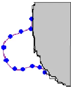 図 3.13: 石筍オブジェクト断面図と P 0 0 , P 1 0 , P 2 0 図 3.14: 制御点と Bezier 自由曲線 3. 描いた Bezier 自由曲線上にこぶオブジェクトの列数に応じた頂点をパラメー タ t について等間隔に生成する。図 3.15 に Bezier 自由曲線上に生成したこぶ オブジェクトの同行番号の頂点を示す。 図 3.15: 石筍オブジェクトとこぶオブジェクトの断面図
