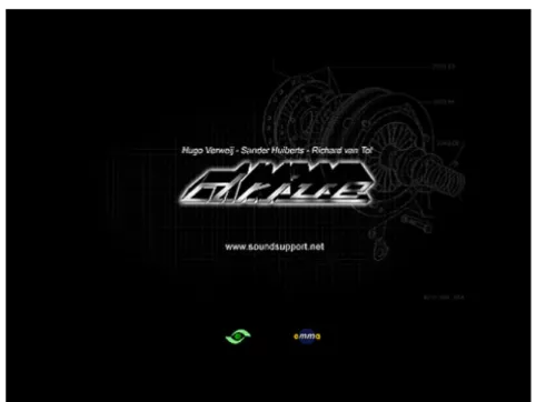 図 2.4: 「Drive」タイトル および プレイ画面 このゲームの特徴は、リアリティのある音響表現を実現することや BGM の速 さと車の速度を比例させるなどの工夫を施すことにより、プレイヤーの認知を手 助けしようとしている点にある。これにより、ある程度音声ゲームのわかりづら い点を改善することに成功しているが、音源の場所を認知させることに関しては 他のゲームと同様にあまり改善されておらず、すべての問題が解決したとはいえ ない。 このように、視覚障害者用のソフトを開発するということで難易度を下げたゲー 
