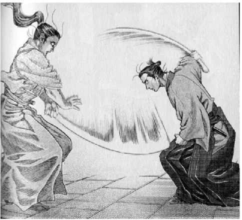 図 2.1: 境界線のブレによるスピード誇張表現の例 (山口貴由, 南條範夫, 秋田書店) 図 2.1 は、山口貴由著の「シグルイ」[10] という作品である。この図の刀の部分 において使用されているのが、マンガにおいて見ることが出来るスピード誇張表 現である。白い紙に黒いペンで表現するマンガという媒体においては、白黒に分 かれたはっきりとした画面が基本であり、写真のブレのようなぼやけた表現を再 現するには、線で表現するための何らかの工夫をしなければならない。そのよう なブレを線で表現したのものが、この図に