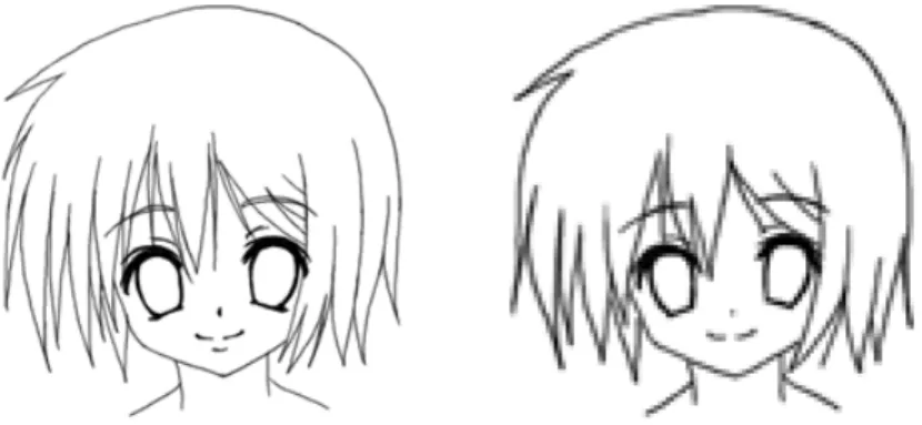 図 1.4: 漫画での簡略化例 図 1.4 は左のキャラクターは手前に大きく描いたもので、右のキャラクターは遠 方に小さく描いたキャラクターを拡大したものである。右の小さく描いたキャラク ターは左の大きく描いたキャラクターと比較し、以下のような特徴が挙げられる。 • 髪を大きな束として描いている。 • 顔のパーツを簡略化している。 大きく描いたキャラクターの髪は細い束で数も多いのに対し、小さく描いたキャ ラクターの髪は太い束で表現している。小さく描いたキャラクターは、顔のパー ツの輪郭線の省略や簡略化などの