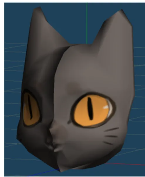 図 2.5: 猫のモデルに使用するテク スチャ画像 図 2.6: テクスチャ画像を貼り付けた猫のモデル により、形状が変形しても形状の頂点とテクスチャ画像上の位置が対応を保つこ とができる。形状の全ての頂点が持つ UV 座標を 2 次元上に反映し、三角メッシュ と同じ構成で線を結んだものを UV マップという。UV マップの作成は、制作者に よって様々な形になる。メッシュの接続をある領域ごとに分割した後に展開し並べ る方法や、形状をある箇所で切り開いて平面にした展開図を用いる方法などがあ る。図 2.7 は