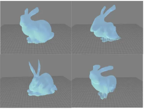 図 4.4: スタンフォード・バニーモデルでの弾性体挙動表現 図 4.2、図 4.3、図 4.4 は、それぞれスフィアモデルとキャラクターモデルおよび、 スタンフォード・バニーモデルでの弾性体挙動を示した図である。いずれも図 4.1 と同様に弾性変形の様子が確認できた。 4.1.2 提案モデルによる位相変化 本手法の提案モデルによる位相変化は、形状が同位相のものならどのような形状 にでも適用できる。以下に複数のモデルにおいての動作検証を行った様子を示す。