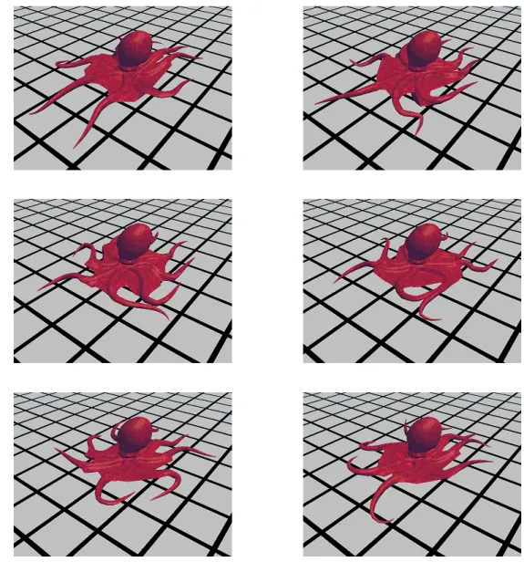 図 2.1: 一連の歩行動作 次にタコが地面に接していない、海中を漂っている場合について述べる。この ときタコは腕を上下に動かし遊泳動作をする。移動するために各腕で水をかき泳 ぐ。移動方向としては、主に頭の先の上方向へ向かう。各腕の動きとしては、1 度 腕を広げた状態から水をかき、一直線な流線型となる。その後、中央に近い部分 から持ち上げていき動作を繰り返す。図.2.2 は歩行動作と同様に遊泳動作を実際に アニメーションとして表現した一連の動きである。