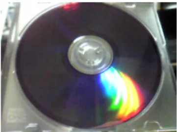 図 2.1: 構造色を放つ DVD-R で複数の光が重なり合い、干渉が起こる。図 2.2 に薄膜のモデルを示す。 n 0 は空気中 の屈折率、n 1 は薄膜の屈折率であり、 d は薄膜の厚さである。また平行光源からの 光を想定し、光 A、光 A 0 の 2 つの光による干渉を考える。光は A → B → C → D → E のように薄膜中を通って反射する経路と、A 0 → B 0 → D → E のように薄膜表面で 反射する経路の 2 つの異なる道筋を描く。光が屈折、反射を起こす事で光路 DE で光が重なり