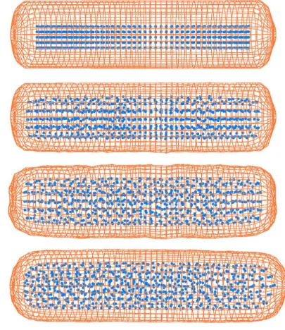 図 4.1 に空気粒子が初期位置からゴム膜内に広がる様子を示す。空気粒子はゴム 膜内に均等に拡散し、さらに微量であるがゴム膜を押し広げて膨らむ様子が確認 できた。