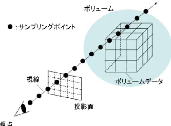 図 2.5: レイキャスティング法の模式図 提案手法では視線に沿ったエネルギーの分布関数を f (x) としたとき、F 0 (x) = f (x) となる関数 F (x) を初等関数の組み合わせで表現することで、3 次元分布状況 の近似値であるボリュームデータを生成することなく最終的な描画結果を得る。図 2.6 は 1 本の視線における 3 次元分布状況の計算処理に必要な要素を、図 2.7 は計 算結果の違いをそれぞれ比較している。 図 2.6: 積分に必要な要素の比較 提案手法の手順は以下である。 1