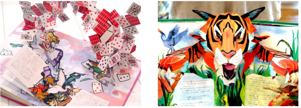 図 1.1: 飛び出す絵本の例 飛び出す絵本を制作するには、立体的な動きを伴う仕掛け部分が重要となる [7][8][9] 。しかし、平面の紙の組み合わせから立体になる動きを予想するには、飛 び出す絵本の仕組みを理解しなければならないため、初心者には制作が困難であ る。そのため、飛び出す絵本の飛び出す動きが生じる仕掛けについて、様々な研 究が進められている。茶谷 [10] は、折り紙の手法を応用して 1 枚の紙から建築物 や動物など、様々な立体的な造形物を切り起こすカードを考案した。これを折り 紙建築 [11