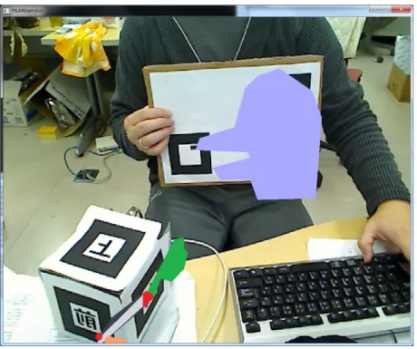 図 4.4: 作品：鳥 4.2 考察 本研究では、 AR 技術と曲げセンサを用いることで、仮想空間上の紙とハサミを 同時に操作して紙切りを行うことができるシミュレータを実現することができた。 仮想ハサミは、切り抜き処理中に移動を行うことができないが、回転及びハサミ の開閉は行えるため紙切り自体に支障は起きなかった。本システムを実装した結 果、本研究の目的である紙とハサミをそれぞれに動かして切るという、紙切りの 特徴を仮想空間上で表現できた。