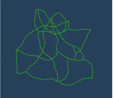 図 3.6: ダンジョンの概形生成の例 3.4 ダンジョン形状の生成 生成したダンジョンの線形状をもとに、 2 通りの方法を用いてダンジョン形状を 生成する。 L-system を用いて生成した線形状からできた領域の取捨選択を行い、 生成するダンジョンを取捨選択型ダンジョン形状と呼ぶ。 L-system を用いて生成 した線形状からできた領域を縮小し、生成するダンジョンを領域縮小型ダンジョ ン形状と呼ぶ。取捨選択型ダンジョン形状は、部屋の数が少なく通路が長いといっ た特徴がある。領域縮小型ダンジョン形状は、