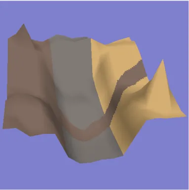 図 3.1: コケの繁殖する対象を再現する 3 次元モデル 熱放射 σT s 4 によって大気中に熱エネルギーが移動する．そして最終的に残った熱 エネルギーが，土壌表面の温度 T s となる．また熱エネルギーによって蒸発した水 分と大気中の相対湿度 rh が，土壌表面の湿度 rh s となる．即ち地表面温度 T s と 地表面湿度 rh s は，土壌での熱エネルギー R と水の移動の一環として定まる [13] ． 図 3.2 は，土壌における熱エネルギーの移動関係をモデル化したものである． 3.3 コケの繁