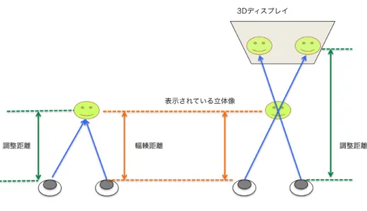 図 1.12: 輻輳距離と焦点距離の不一致 けで解決される問題ではないと考えられる。 普段の立体視ではどのような場所にも着目することができ、これにもとづき正 しい立体感を得ることができる。片眼だけでも両眼視差はないが奥行きなどの空 間てきな立体感を正しく得ることができる。片眼だけでも立体視ができるという ことは両眼で立体視を行うときに必要な情報は片方の目だけで賄い、もう片方の 目で補っていると考えられる。これに基づき片方の目を主役にした両眼視差を用 いることで個別に立体感を調整することが出来ると考えた。遠く