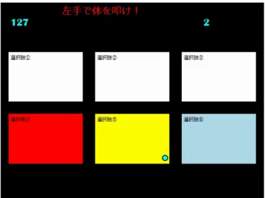 図 2.5: 指定された項目を確定する操作システム 横に 3 個、大きさが全て同じ計 6 個の項目を配置を行う。また、項目以外に指示 を表示する空欄を作る。項目にカーソルを当てたときに空欄に文章で指示を表示 し、指示の内容は「この項目を決定してください」と「この項目を決定しないで ください」の 2 種類を用意する。決定をしてくださいと指示が表示される項目は 6 つ中 3 つがランダムで選ぶ。その 3 つの項目を選択した時点の時間を計測する。 次の図 2.6 は指示に添って項目を確定する実験システムで実際に操