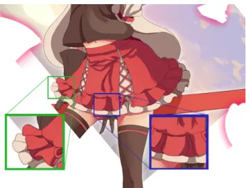 図 1.4: 正面・側面のフリルの定義 とを目的とする。 図 1.5 は、提案手法を用いたツールを使用して制作した作品である。本ツールは フリルの輪郭の形成のみで、彩色は考慮していないが、他のペイントツールを使 用すれば図のように仕上げることができる。 2 次元平面上にフリルを形成し、テク スチャ画像としてフリルのパターンを読み込み、連続して貼り付けることで全体 を形成している。テクスチャ画像を変更することで、様々な形状のフリルを制作 できる。 図 1.5: 提案手法を用いたツールを使用して制作した作品