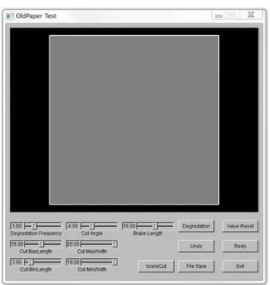 図 3.1: 紙の劣化自動生成ツール 画面下部のスライダーとボタンを操作することで様々な劣化変形が可能である。 劣化の起こりやすさ、切れ目の長さの乱数の最小値と最大値、切れ目の幅の乱数の 最小値と最大値、切れ目の角度のブレやすさ、破れ目になりやすさといったパラメー タをスライダーで操作する。スライダーで決定したパラメータを基に Degradation ボタンを押すことで劣化処理を実行する。この操作を複数回繰り返すことで、満 足する出力結果が出たら File Save ボタンで mqo ファイルを出力し、Ex
