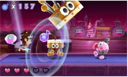 図 1.4: リズムハンター ハーモナイト、  c 任天堂 アクション風リズムゲームは、見た目は 2D プラットフォーマーと酷似している が、キャラクターは強制スクロールで勝手に移動し、向かってくるオブジェクト に対してタイミング良くボタンを押すことで、それらを回避または取得しながら ゴールを目指すゲームである。プレイヤーはタイミングにあわせてボタンを押す だけであるため、実質はリズムゲームである。 既存の BGM を考慮したゲームコンテンツとして、Rez や、ぐるみんといった ゲームがある。 Rez は倒