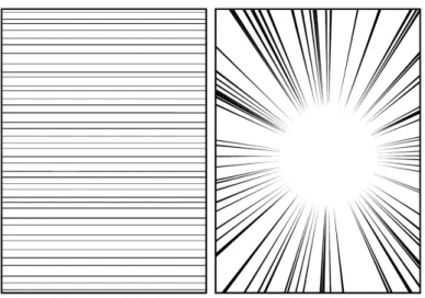 図 1.2: ComicStudio[16] で制作した漫画で利用される効果線 ど髪表面部の照り返しにより観測されるものであり、表面形状を強く反映して光 は反射する。一方、明るい髪色の場合髪表面の反射光の他に、髪の繊維に取り込 んだ光も反射するので、黒髪に比べると奥行きを感じるようになる。つまり黒髪 の光り方はハイライトの反射とそれ以外の黒い部分から成り立っている。よって、 この黒髪の特徴は髪の質感を意識して黒いインクと紙の白い部分、または白いイ ンクで髪のツヤを描くツヤベタで表現するのに適している。 とこ