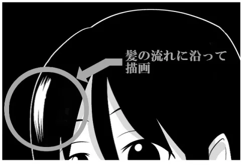 図 1.3: デジタル環境での髪のツヤベタ パターンブラシを用いて髪の描写を簡易的に行う例もある。パターンブラシとは、 あらかじめ登録した画像を帯状に続けて形状を描画していく機能である。パター ンブラシで描画できるものはリボン、花など多岐にわたるが、髪に対応したもの は自作することもできるし配布、販売されているものもある。この手法によって 髪のツヤを 1 本ずつではなく一度のストロークで広範囲のツヤを描写することが できる。しかし、この手法による問題点は、髪の広がり狭まりを考慮した描画が 困難である点である