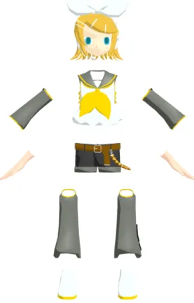 図 3.3 は各部位の画像の特徴点の抽出のために、鏡音リン act2.pmd から「頭」 「上半身」 「下半身」 「右腕」 「右手」 「左腕」 「左手」 「右脚」 「右足」 「左脚」 「左足」 の 11 の部位を分割し、MikuMikuDance で出力したものである。 図 3.3: 本研究のためにパーツ分けを分割した鏡音リン act2.pmd これらのレンダリングには、ドット絵の下絵として利用する都合上、色数が少 なく色の境界がはっきりしていることが必要とされる。そのため、レンダリング にはトゥーンシェー